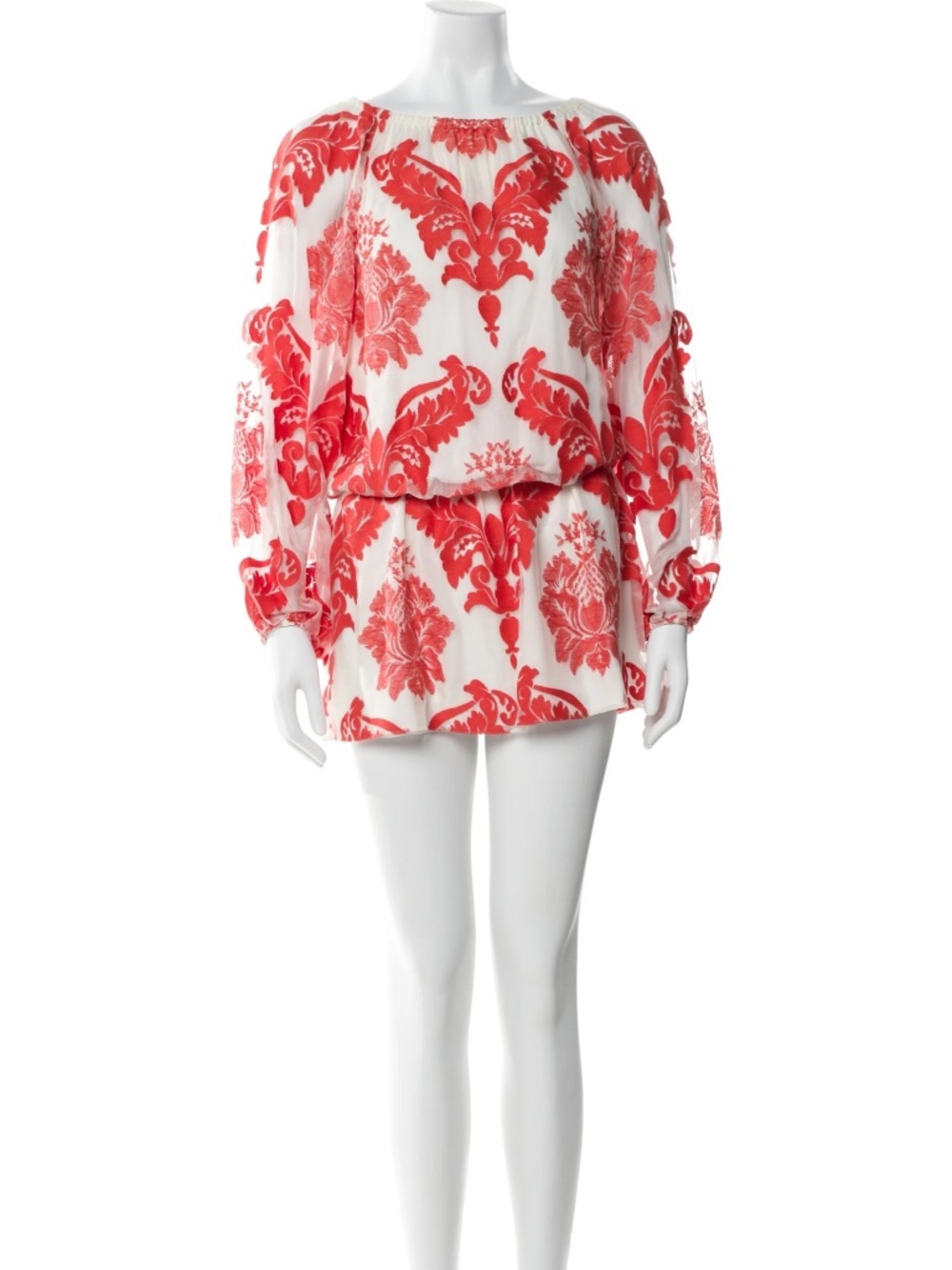 Alexis Silk Embroidered Mini Dress Orange White Boho Peasant Size S